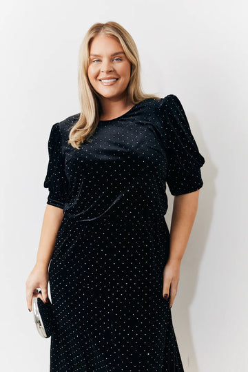 Black Puff Sleeve Studded Velour Midi Dress